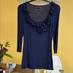 INC International Concepts Women's Dark Blue Ruffle Long Sleeve Top